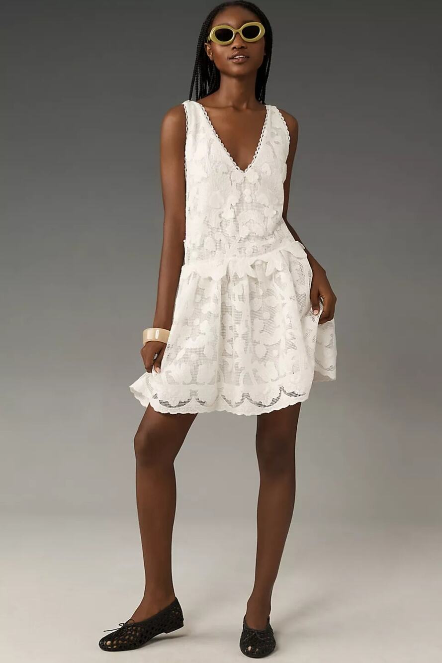 NWT By Anthropologie Sleeveless V-Neck Lace Swing Mini Dress $288 MEDIUM White